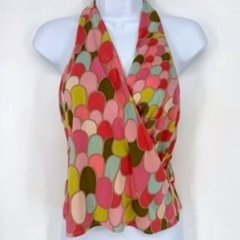 Trina Turk Los Angeles Pink Green Geometric Scale Surplice Halter Top Size M